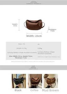 Detailed size specifications for women half moon crossbody bag in PU leather