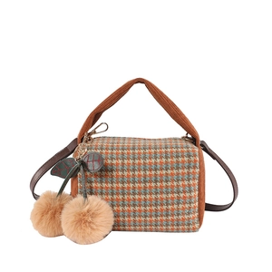 Retro houndstooth Boston bag with fuzzy cherry charm and leather crossbody strap