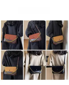 Detail shots showing high-capacity leather crossbody bags in tan, yellow, and black colors