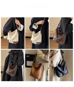 Collage de sacs seaux chic en beige, marron et noir présentés dans diverses poses lifestyle