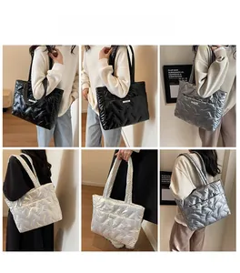 Quilted tote bags in black silver and white with metallic finish and puff texture