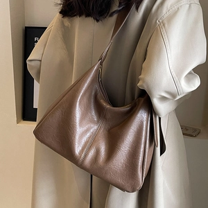 Large dark brown vintage PU leather tote bag with wide strap for daily commuting