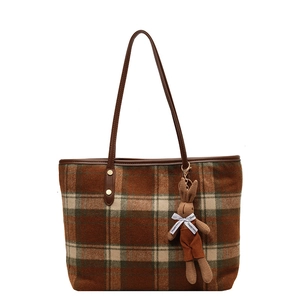 Retro plaid tote bag with brown leather straps and a cute knit rabbit charm pendant