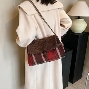 Women Plaid Woolen Tote Bag Faux Lamb Wool Patchwork Shoulder Bag With Chain Strap Toggle Closure Large Capacity Autumn Winter Commute Crossbody Bag