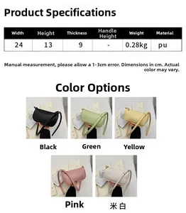Size guide for PU leather handbag showing dimensions 24x13x9cm in multiple colors