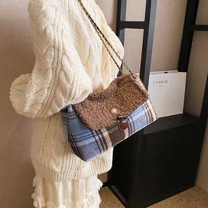Vintage plaid tote bag with brown velvet flap and gold chain strap for autumn winter