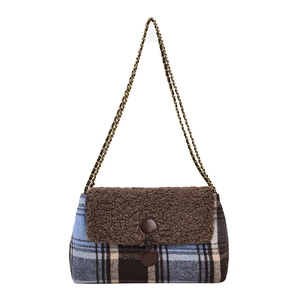 Blue and brown plaid tote bag with faux shearling flap and golden chain strap