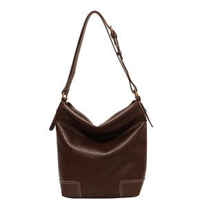 Sac seau vintage marron foncé en cuir avec surpiqûres blanches et grande capacité