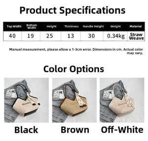 Tableau des tailles détaillé et dimensions du sac cabas en paille avec broderie d'été