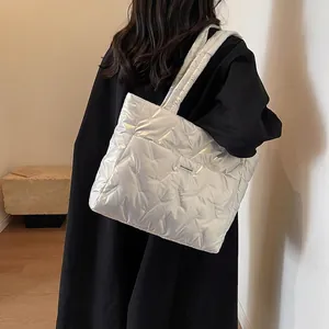 Women Quilted Puffer Tote Bag Large Capacity Glossy Nylon Shoulder Bag Padded Commuter Handbag with Letter Label Decoration
