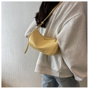 Detailed view of a bright yellow leather shoulder bag with adjustable strap and zipper