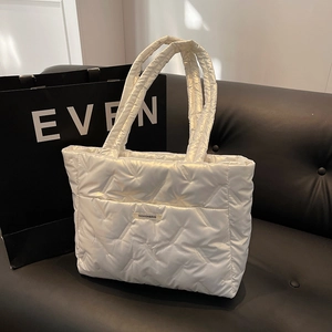 Quilted down tote bag for women in pearl white with large capacity and shoulder straps