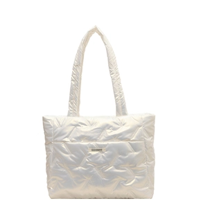 White quilted tote bag with glossy finish and V-shaped stitching for women