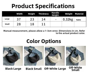 Size chart showing large and small canvas shoulder bags with detailed dimensions and specs