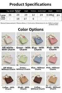 Detailed size chart for large PU tote bag including dimensions of the main bag and inner pouch