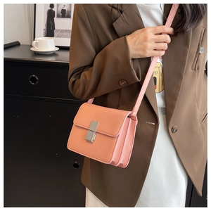 Close-up of pink square leather bag with vintage silver metal clasp and leather strap