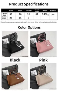 Detailed size specifications for minimalist large PU leather tote bag with inner pouch
