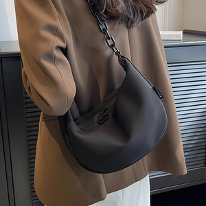 Minimalist large charcoal canvas half-moon crossbody bag with chunky black chain strap