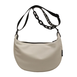 Minimalist off-white canvas hobo crossbody bag with black adjustable strap and chain