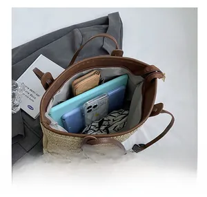 Top view of woven tote bag interior showing large capacity for tablet and daily items