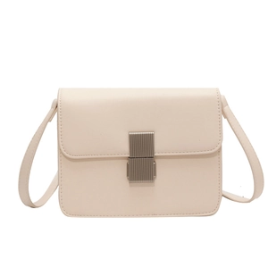 Minimalist beige square leather crossbody bag with vintage metal buckle in white background