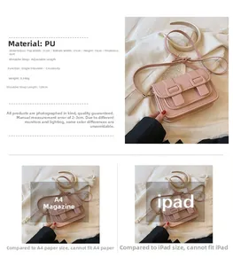Detailed size specifications for the pink PU leather crossbody bag with 21cm width