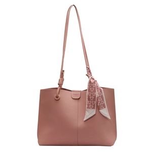 Pink lychee grain leather tote bag with stylish scarf and metallic ring detail