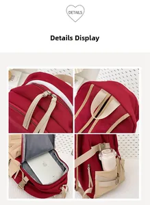 Détails du sac à dos rouge avec poignée rembourrée, compartiment PC et poche latérale