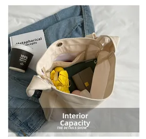 Interior detail of large canvas tote bag showing storage space with umbrella and wallet