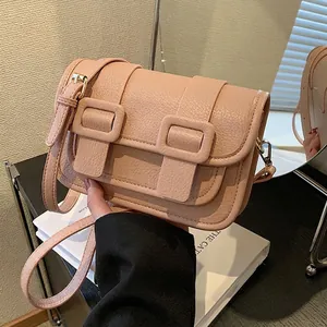 Women Litchi Pattern PU Leather Crossbody Bag Vintage Double Buckle Small Square Shoulder Bag Simple Daily Fashionable Purse