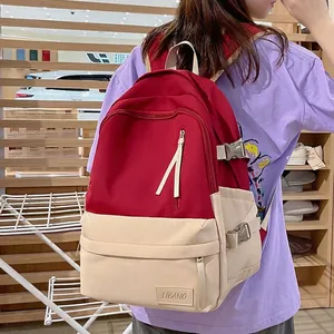 Sac à Dos Décontracté en Nylon à Blocs de Couleur pour Femmes Grande Capacité Sac d'École Filles Dos Voyage avec Boucles