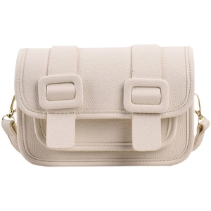 Retro cream white crossbody bag with lychee texture and dual buckle design for women