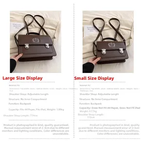 Size comparison chart for retro PU leather backpacks showing large and small dimensions