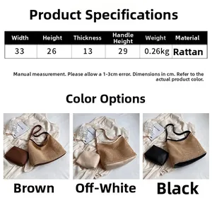 Detailed size chart and multi-color view of women's woven straw tote bag and pouch