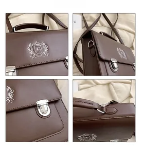 Detailed views of brown PU leather satchel featuring shield embroidery and silver buckles