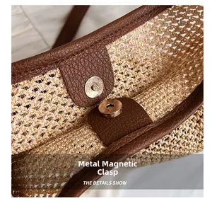 Detail of magnetic snap closure and woven texture on a beige straw bucket bag