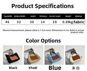 Size chart showing large canvas tote bag dimensions, 46cm width, material and color options
