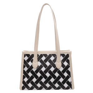 Large capacity tote bag with black and white geometric pattern and cream leather straps