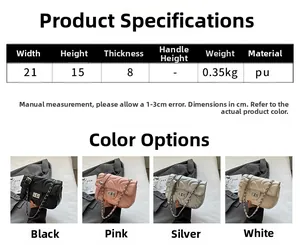 Detailed dimensions and four color options for the quilted PU leather chain crossbody bag