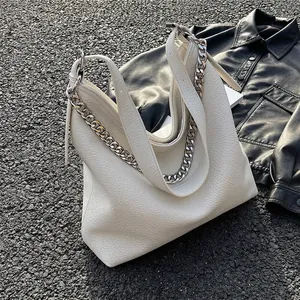 Borsa a Tracolla Donna Grande Capacità Pelle PU Grana di Litchi Hobo Borsa a Secchiello Con Catena in Metallo Moda Strada