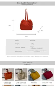 Quilted tote bag size chart showing dimensions: 33x28x7cm with various color options