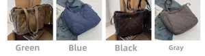 Quilted tote bags shown in green blue black and gray with drawstring closure