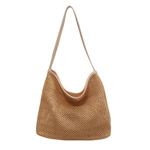 Handwoven straw shoulder bag with leather straps for summer beach and travel use