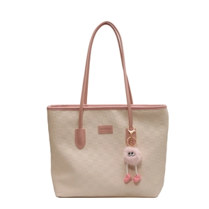 Large capacity beige plaid tote bag with pink leather trim and plush pompom accessory