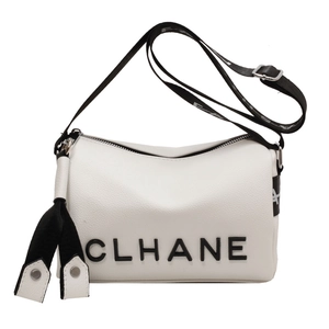 White lychee leather shoulder bag with black letter logo and wide textile strap