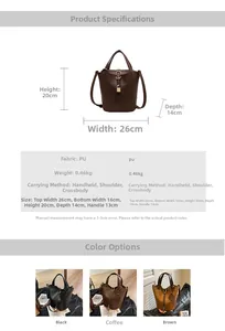 Detailed size specifications for the large capacity retro PU leather bucket handbag