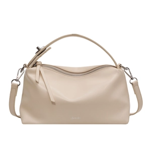 Beige Boston handbag with top handle and adjustable shoulder strap on white background