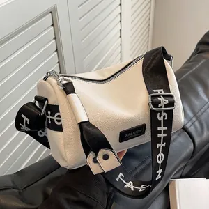 Women PU Leather Pillow Crossbody Bag Fashion Versatile Litchi Texture Wide Letter Strap Single Shoulder Bag Commuter Zipper Purse