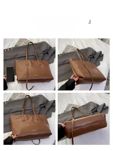 Detail views of brown embossed leather tote bag from multiple angles on a bed