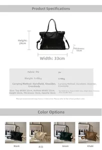 Detailed size specifications and material chart for the vintage studded tote handbag